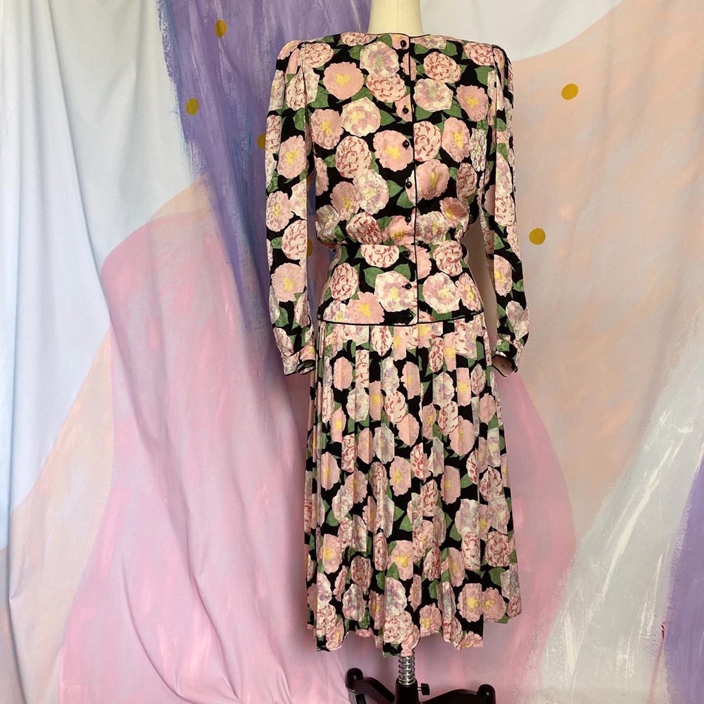 VINTAGE 80s 100% Silk Pink Floral Drop Waist Dress